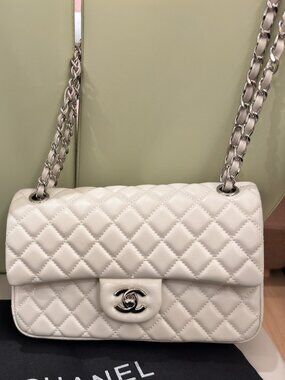 Chanel Classic Flap Medium Quilted Lambskin Shoulder Bag in White